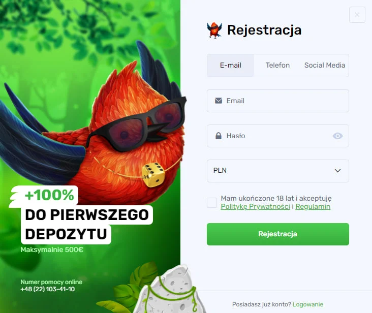 Rejestracja w Lucky Bird